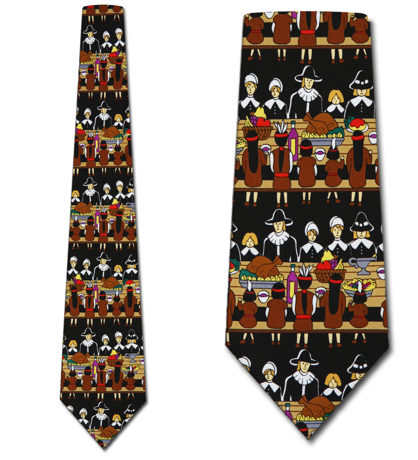 1037-100: Thanksgiving Dinner Ties Pilgrims Indians Necktie Black by Steven Harris