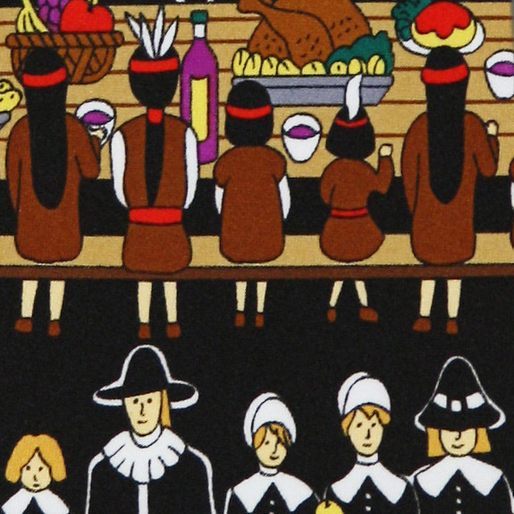 1037-100: Thanksgiving Dinner Ties Pilgrims Indians Necktie Black by Steven Harris
