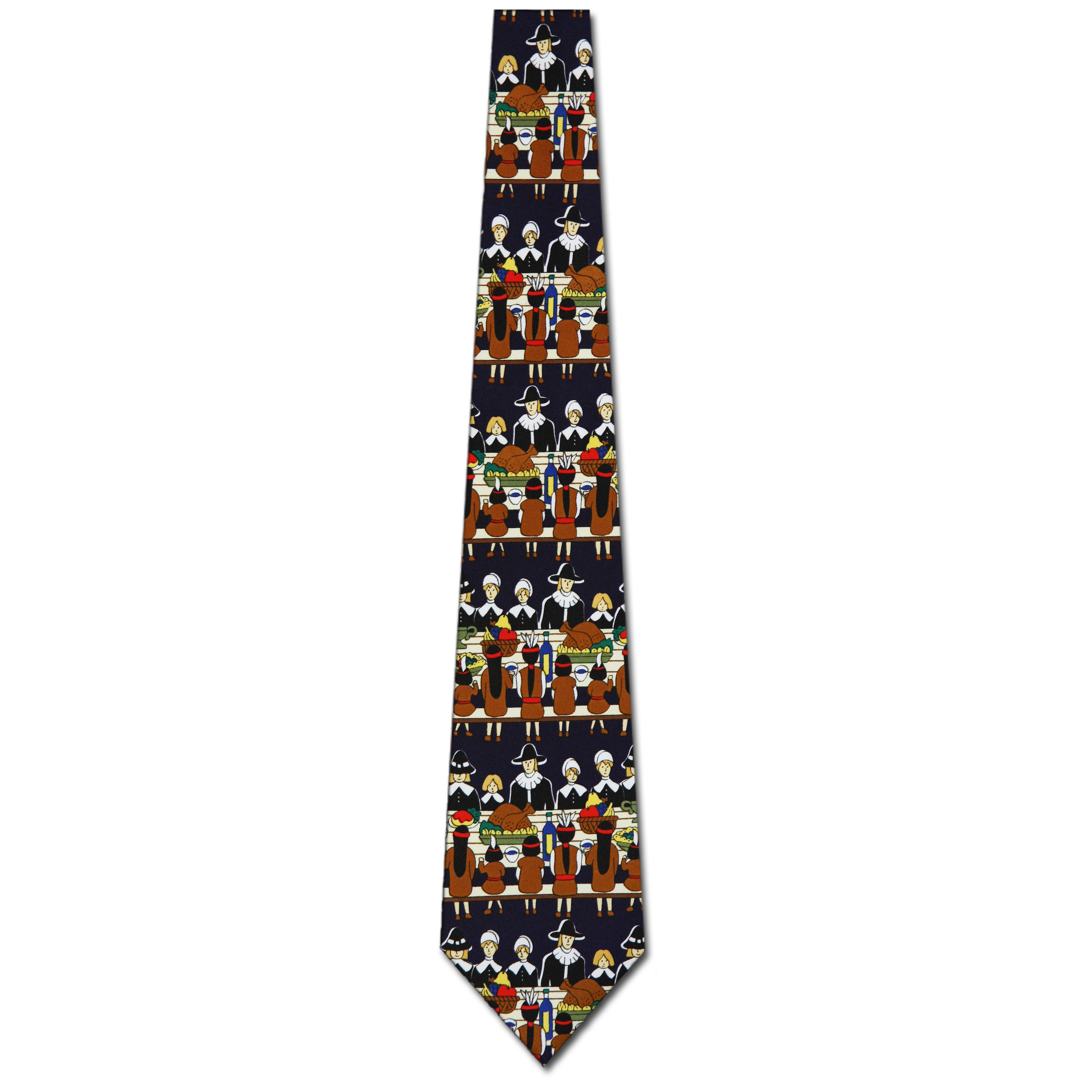 1037-102: Thanksgiving Dinner Ties Pilgrims Indians Necktie Navy by Steven Harris at Abcties.com