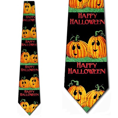1738-100: Smiley Pumpkins Tie Halloween Pumpkin Neckties Black by Steven Harris