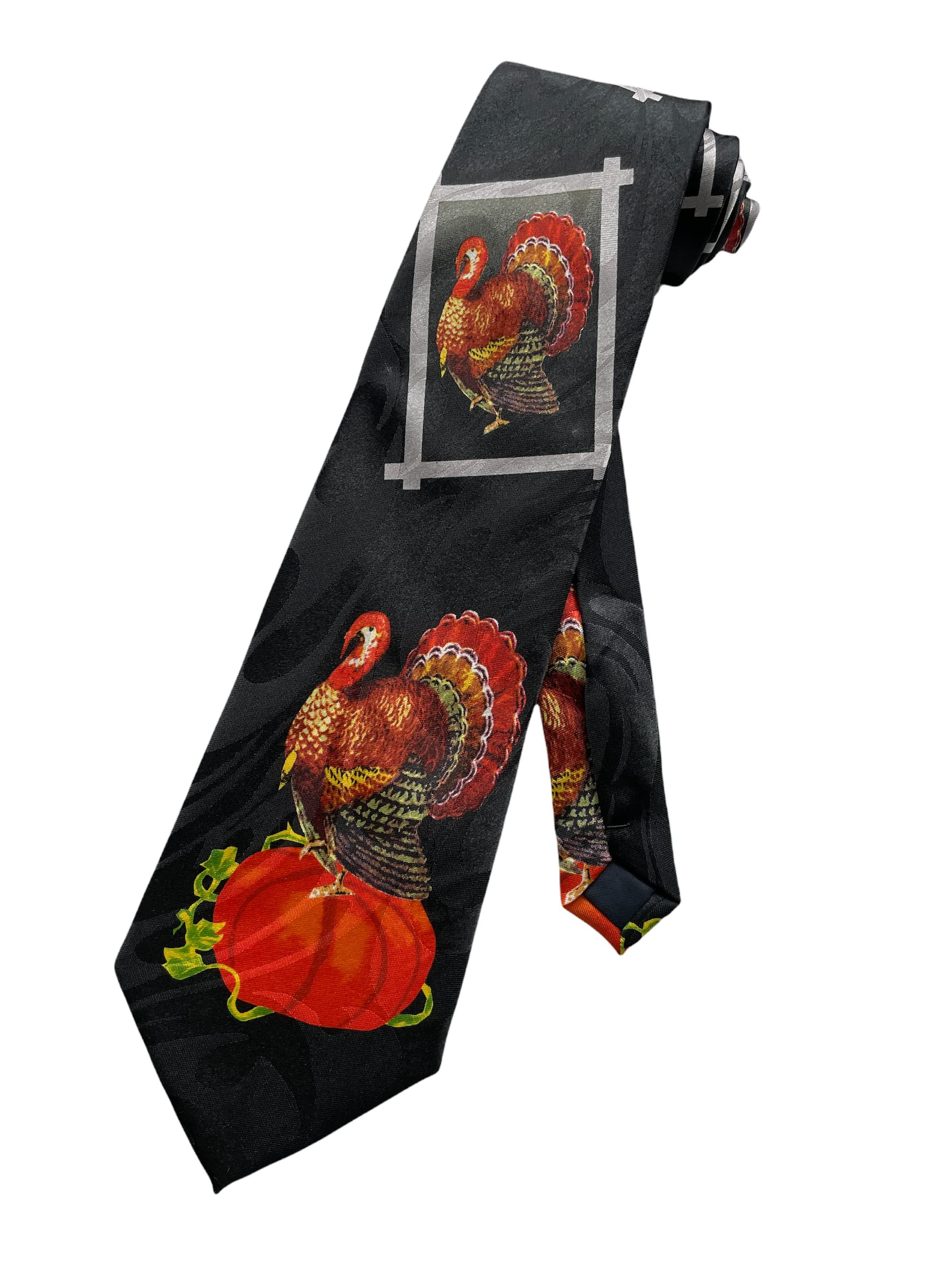 1789-100: Thanksgiving Turkey Panels Tie Fall Autumn Pumpkins Neckties Black by Steven Harris at Abcties.com