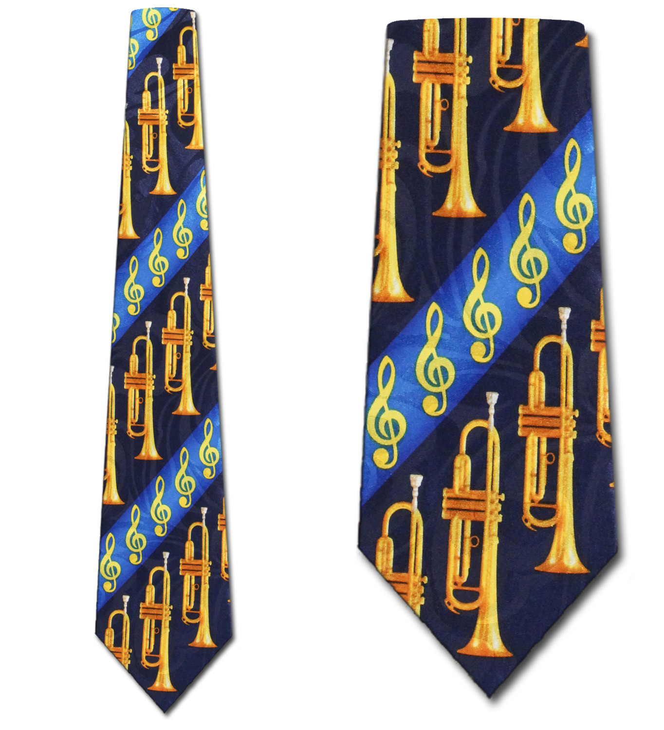 1919-102: Diagonal Clef Trumpet Tie Navy Music Trumpets Neckties by Steven Harris
