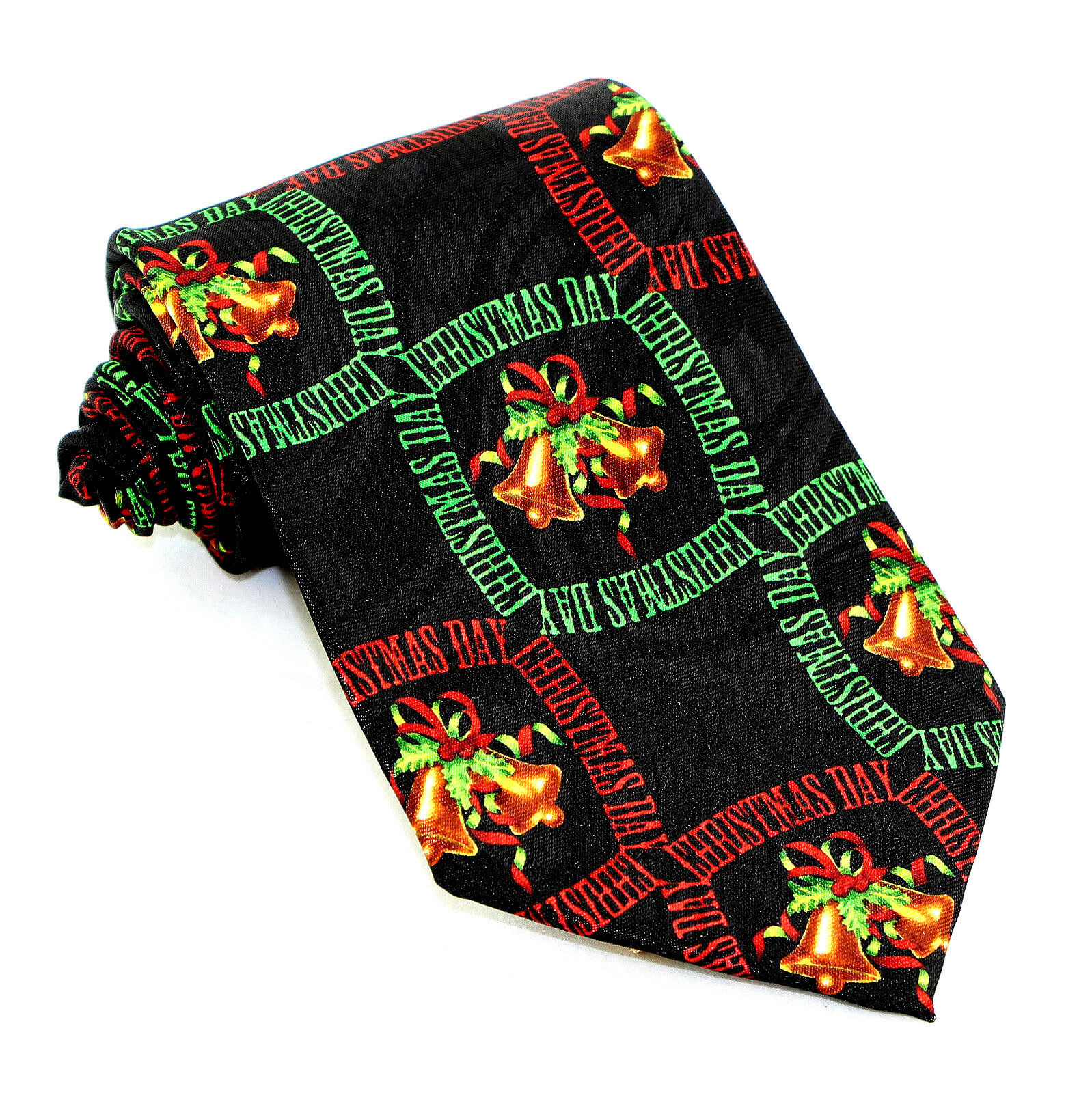 2169-100: Christmas Day Tie Holiday Bells Holly Neckties Black by Steven Harris