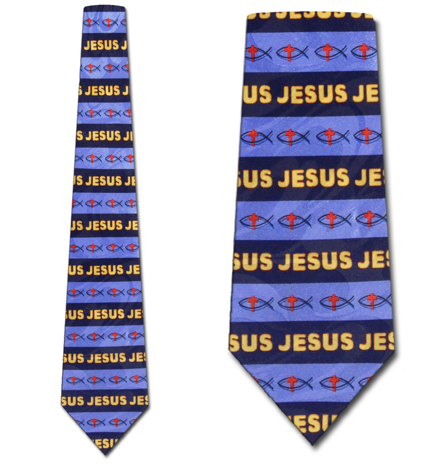2253-102: Jesus and Ichthys Stripe Tie Religious Fish Neckties Navy by Steven Harris