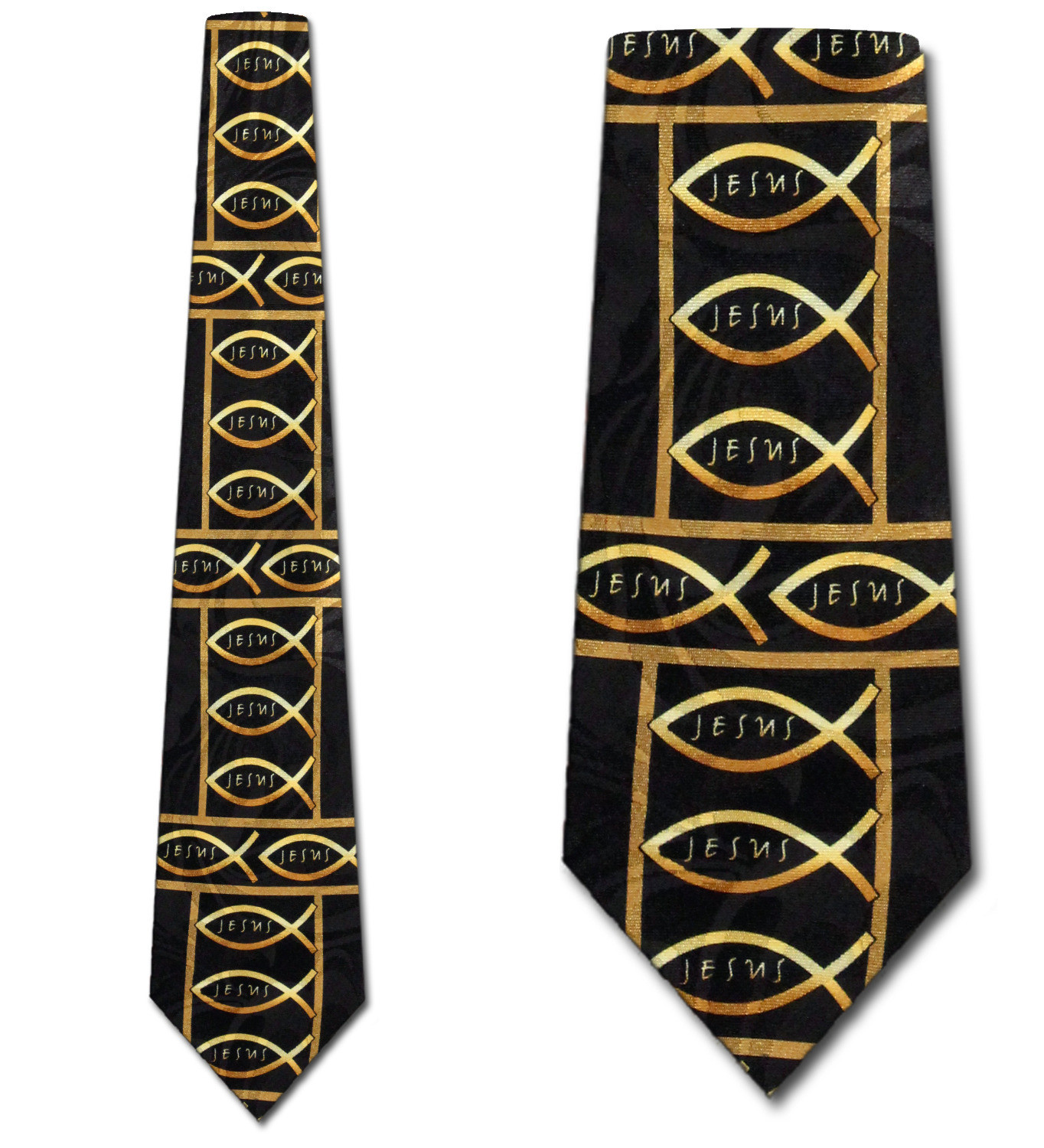 2292-100: Golden Ichthys Necktie Jesus Fish Line Art Ties Black by Steven Harris
