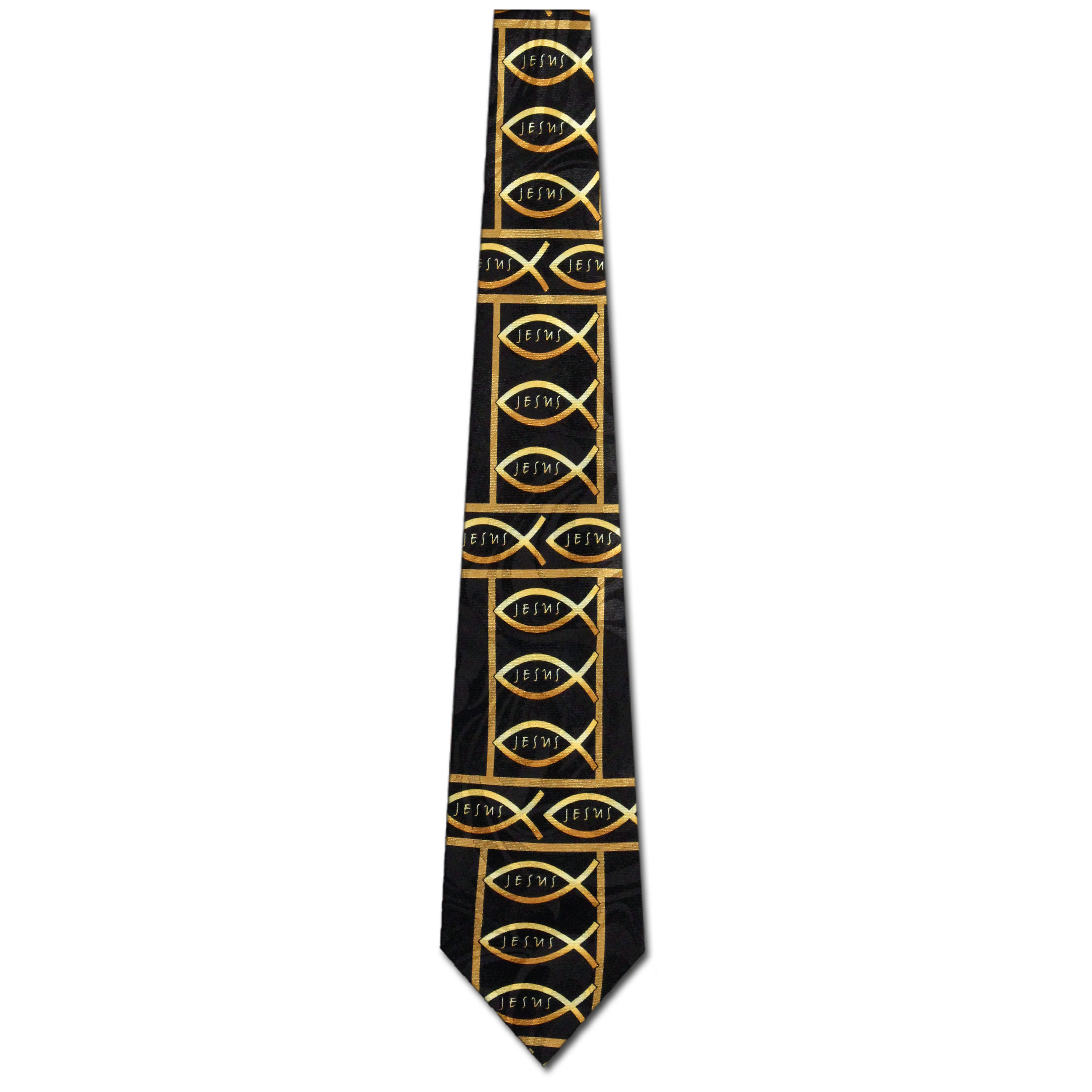 2292-100: Golden Ichthys Necktie Jesus Fish Line Art Ties Black by Steven Harris at Abcties.com