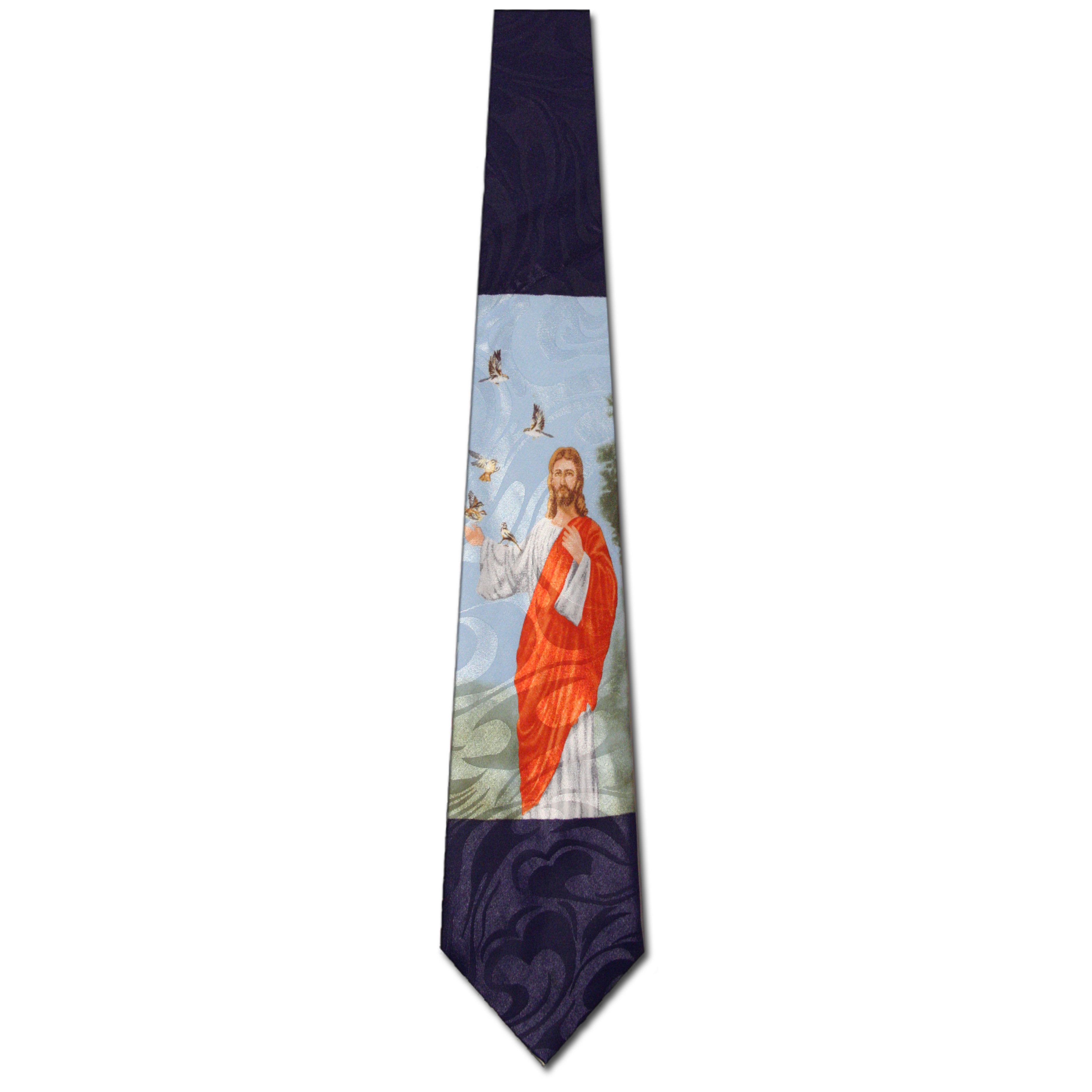 2359-102: Jesus with Sparrows Ties Not one will fall to the Ground Neckties Navy by Steven Harris at Abcties.com