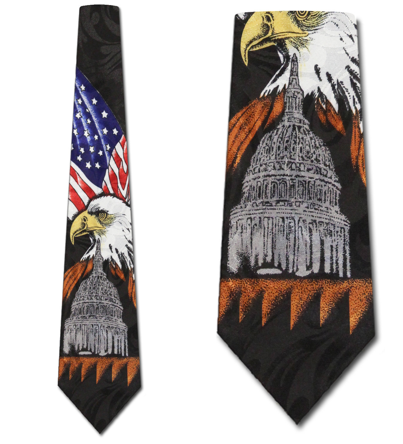 306-100: American Flag and Capital Tie Black Patriotic US Flags Neckties by Steven Harris