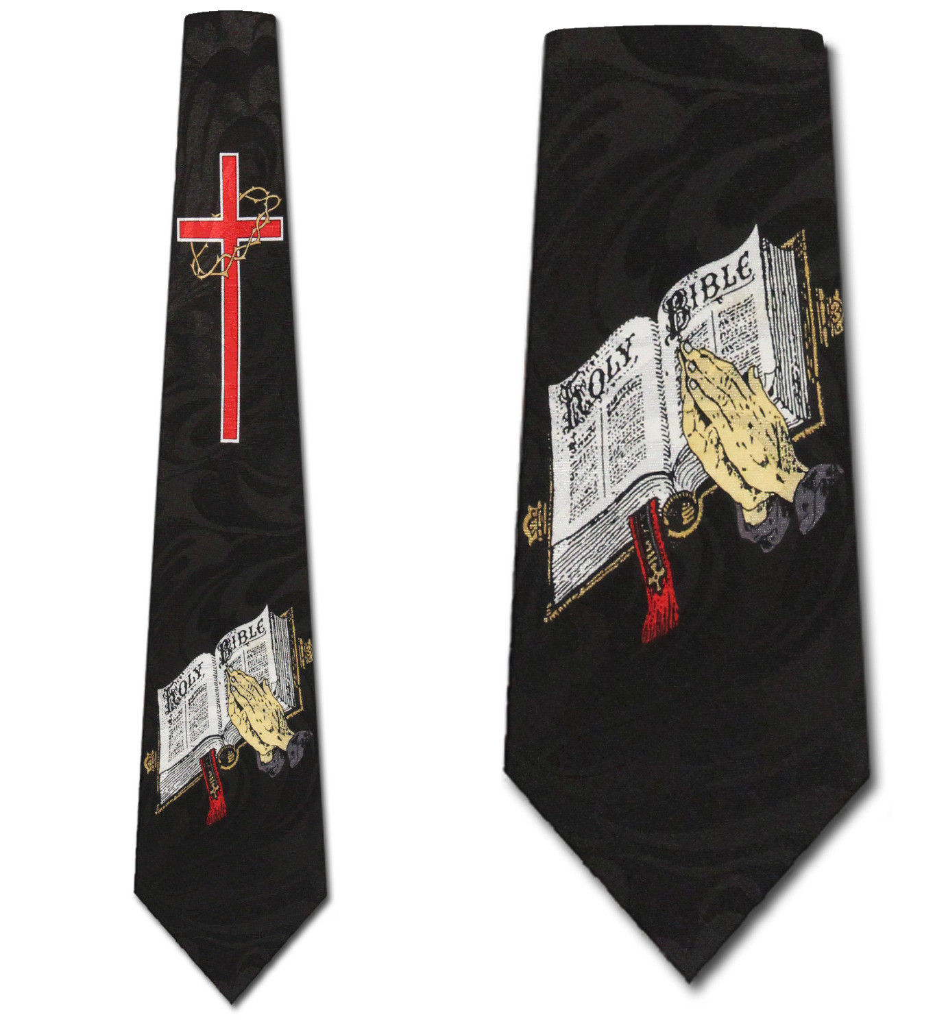 344-100: Praying Hands Cross and Bible Ties Religious Biblical Necktie Black by Steven Harris