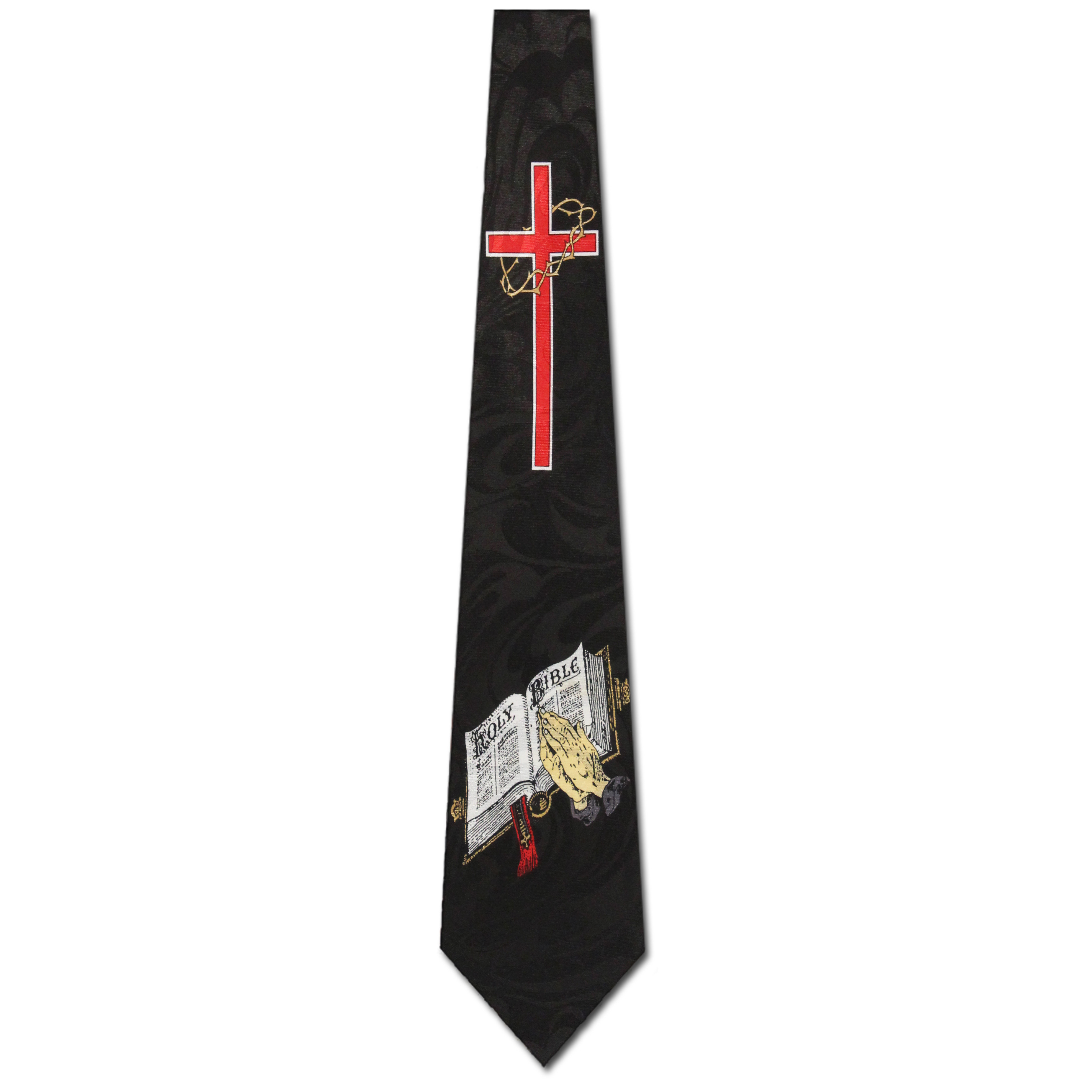 344-100: Praying Hands Cross and Bible Ties Religious Biblical Necktie Black by Steven Harris at Abcties.com