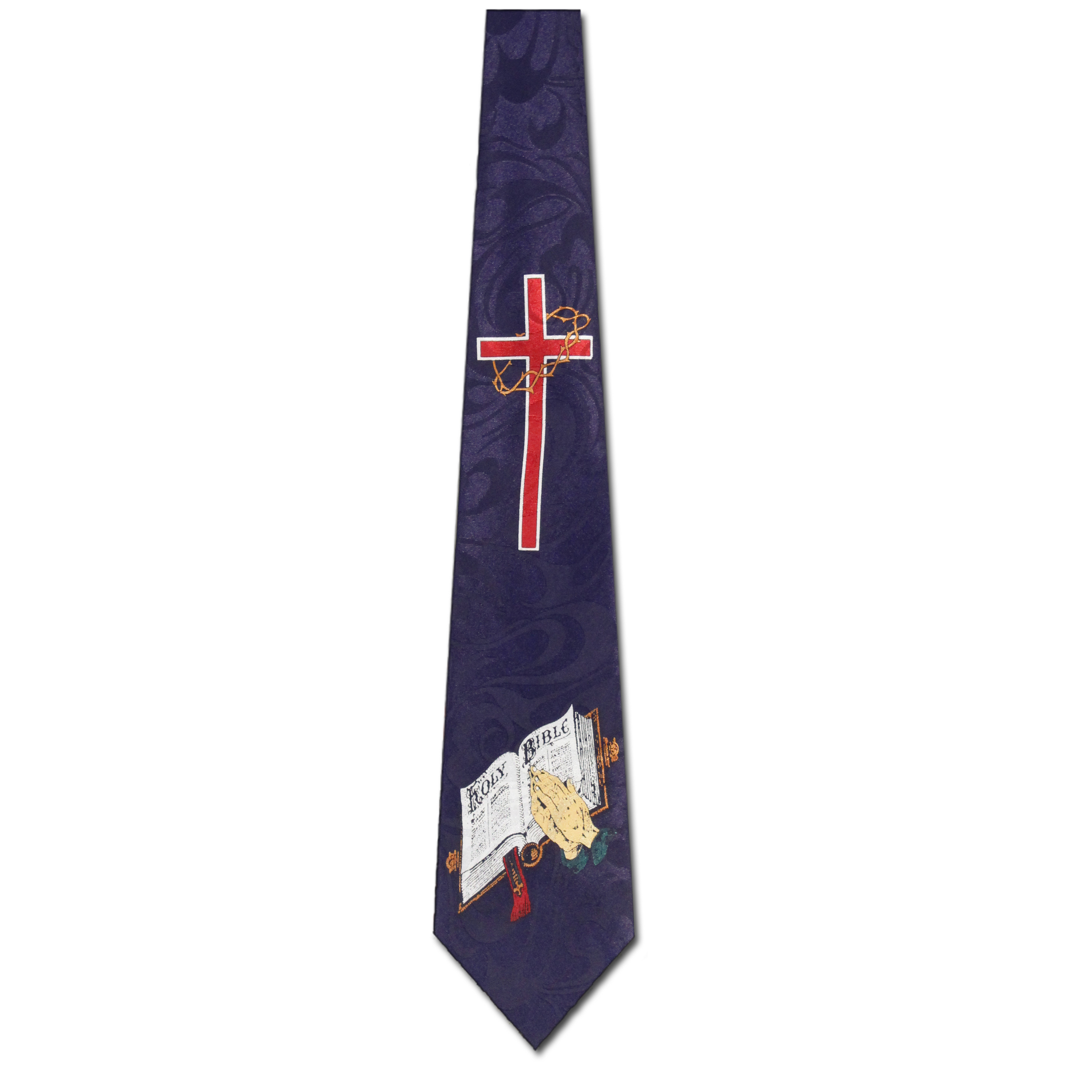 344-102: Praying Hands Cross and Bible Ties Religious Biblical Necktie Navy by Steven Harris at Abcties.com