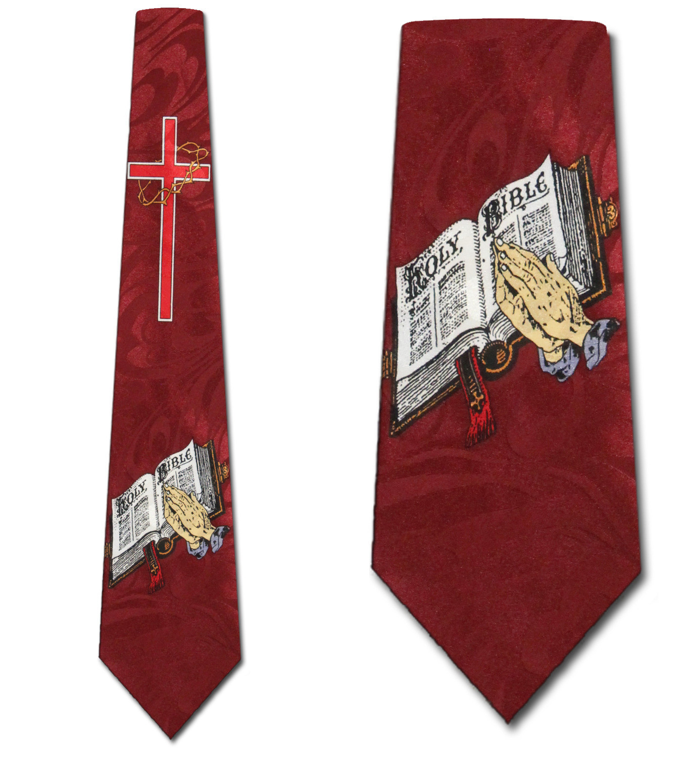 344-104: Praying Hands Cross and Bible Ties Religious Biblical Necktie Red by Steven Harris