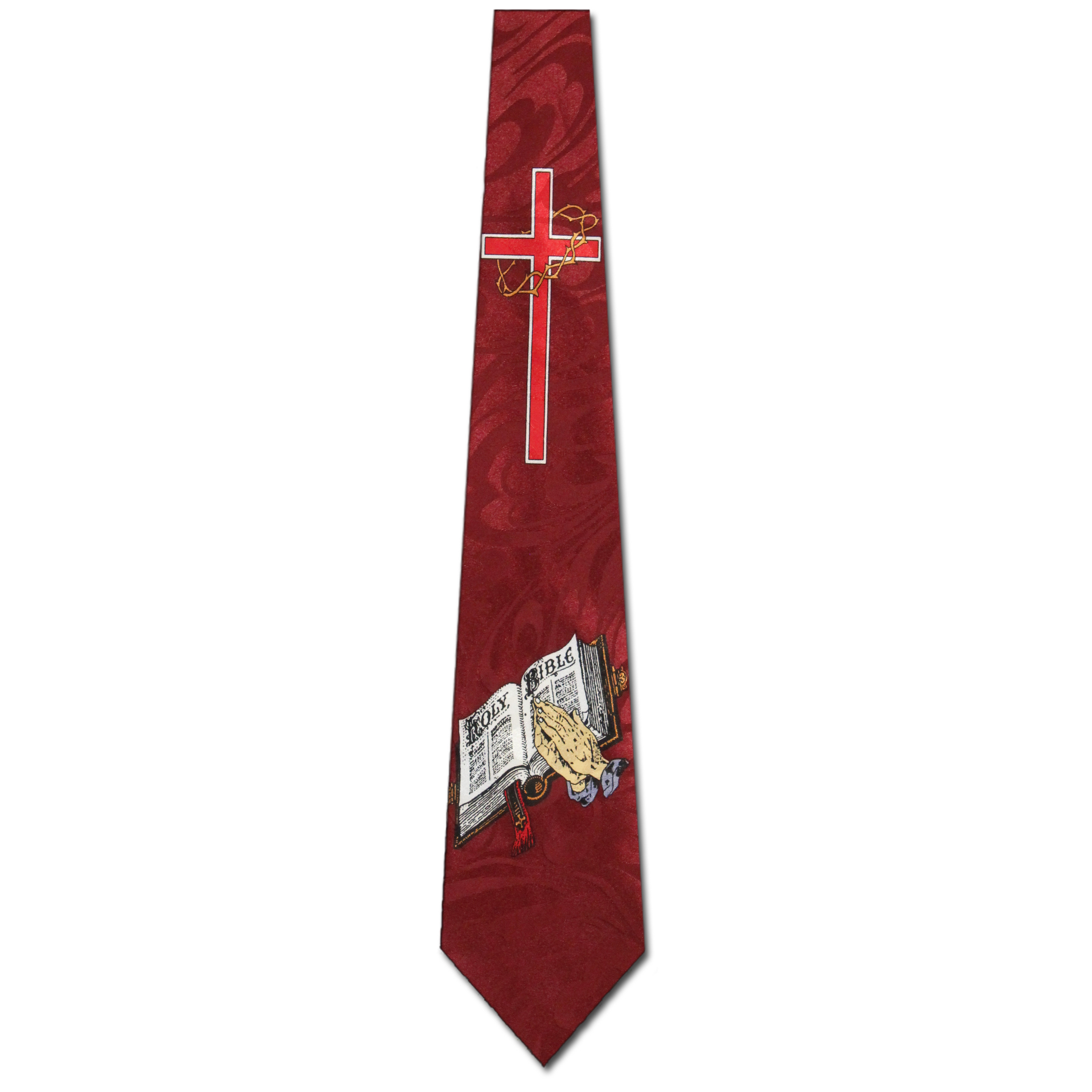 344-104: Praying Hands Cross and Bible Ties Religious Biblical Necktie Red by Steven Harris at Abcties.com