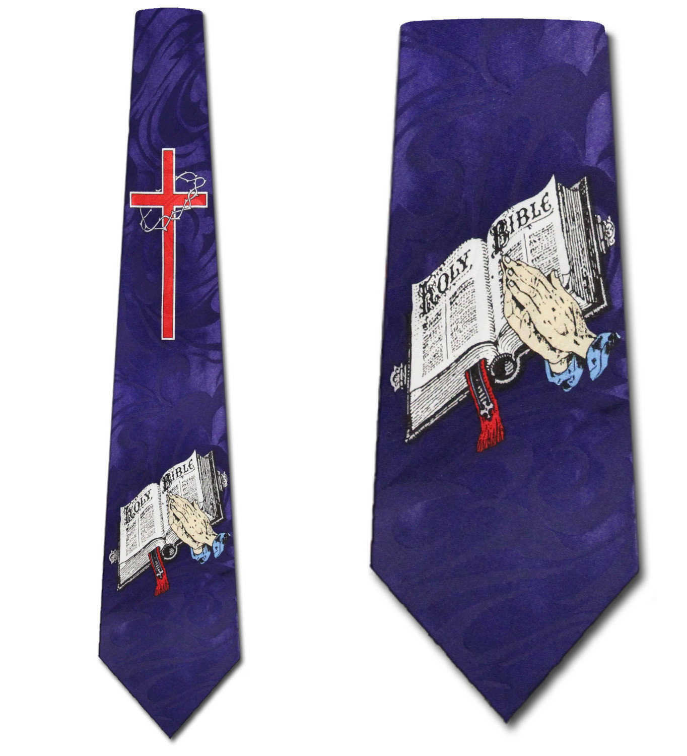 344-106: Praying Hands Cross and Bible Ties Religious Biblical Necktie Blue by Steven Harris