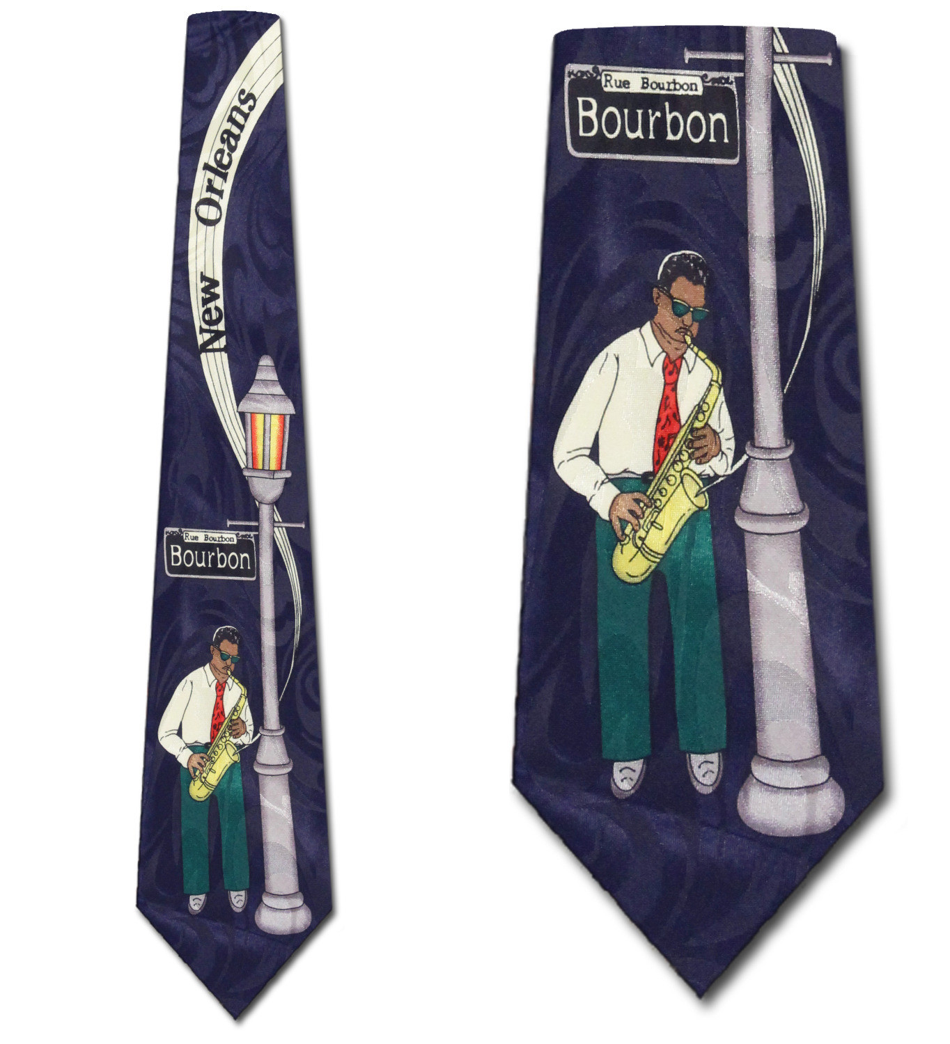 596-102: Bourbon Street Ties Saxophone Street Lamp New Orleans Neckties Navy by Steven Harris
