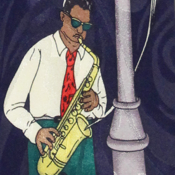 596-102: Bourbon Street Ties Saxophone Street Lamp New Orleans Neckties Navy by Steven Harris