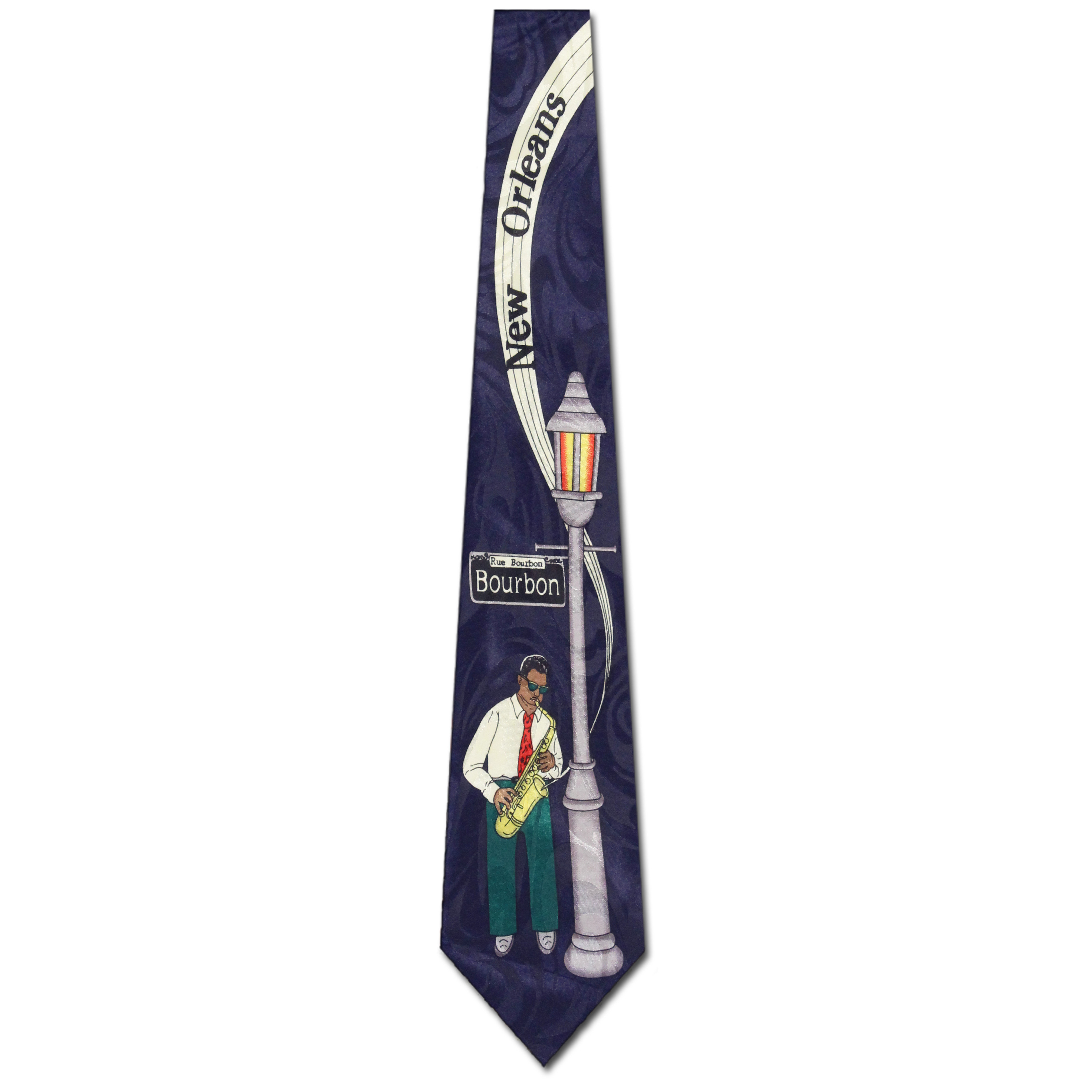 596-102: Bourbon Street Ties Saxophone Street Lamp New Orleans Neckties Navy by Steven Harris at Abcties.com