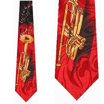 766-100: New Orleans Trumpet Ties Red Musical Notes Jazz Necktie by Steven Harris