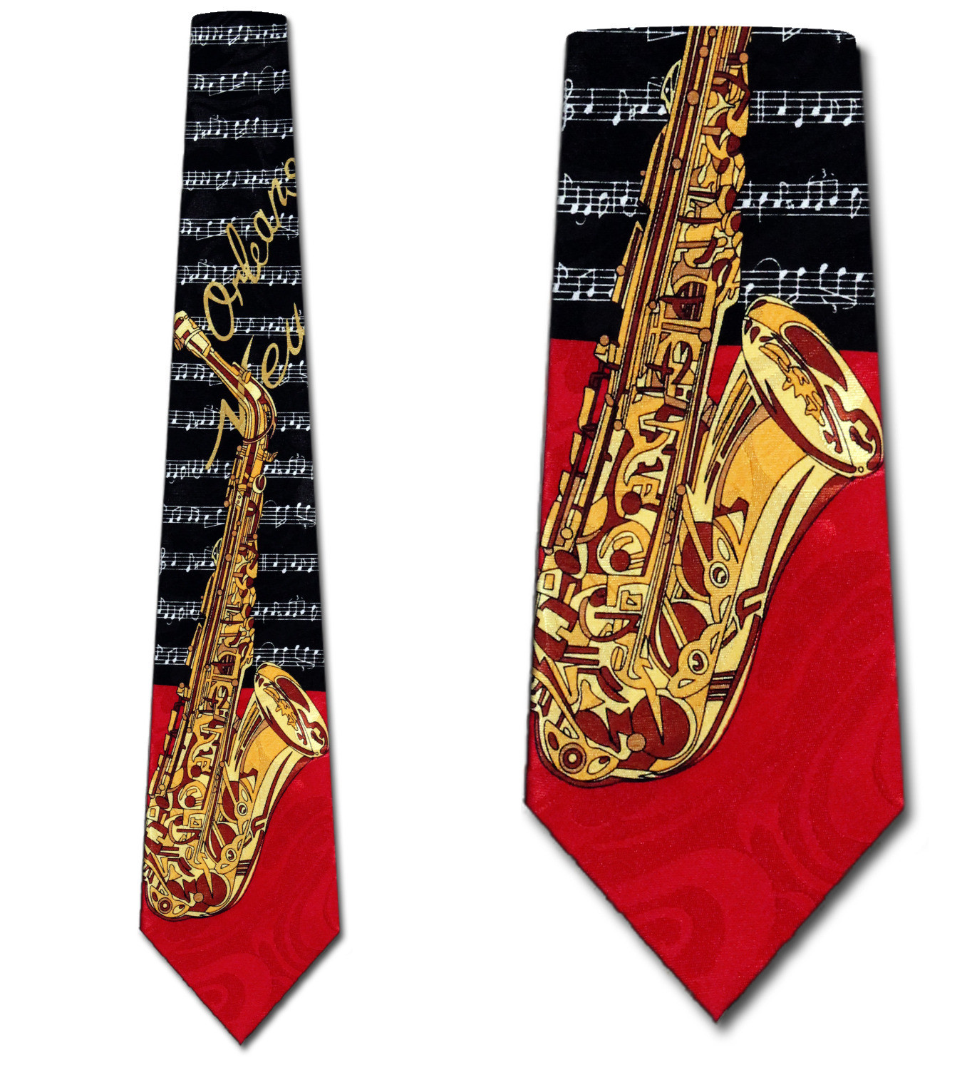 767-100: Saxophone Ties Sheet Music Jazz New Orleans Neckties Red by Steven Harris