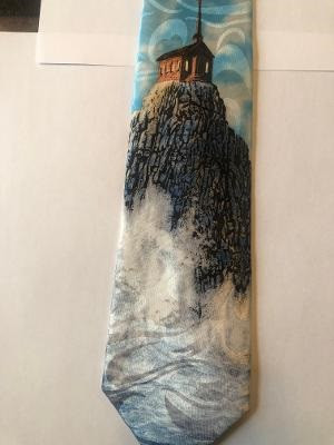 949-102: Church on Cliff Tie Religious Faith Neckties Blue by Steven Harris at Abcties.com